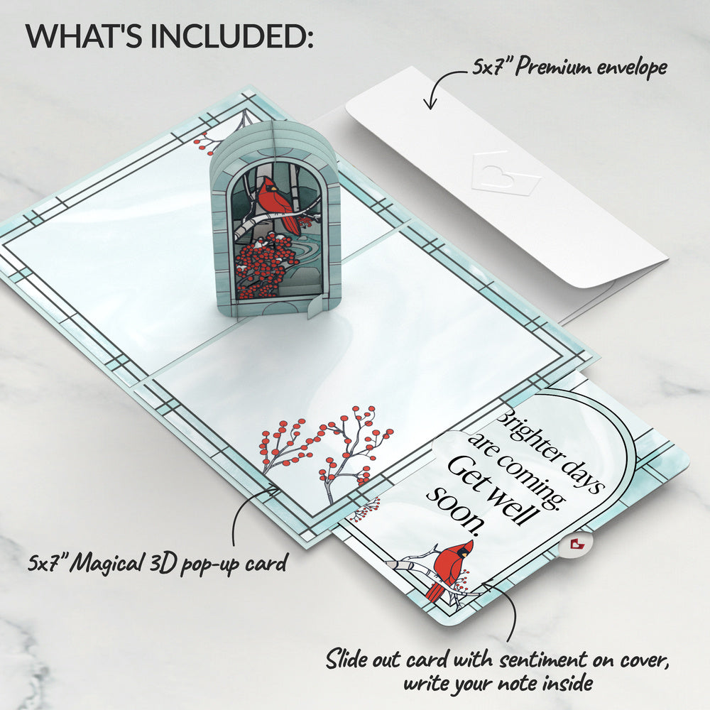 Stained Glass Winter Cardinal Get Well Pop-Up Card and Brighter Days Ahead Sentiment Set