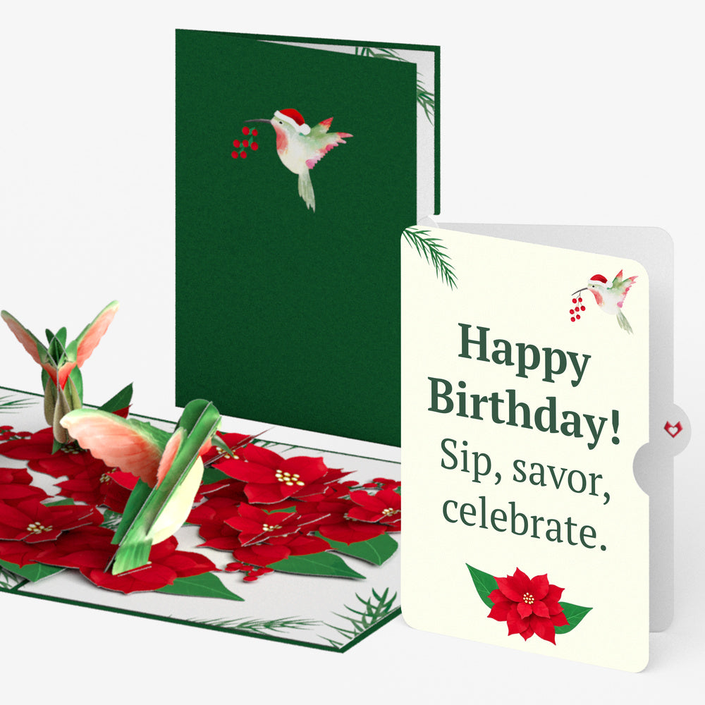 Hummingbirds on Poinsettias Pop-Up Card and Sip Savor Celebrate Birthday Sentiment Set