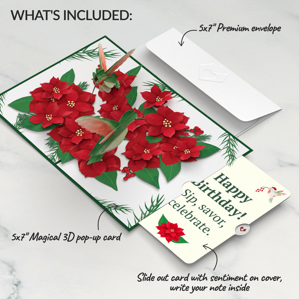 Hummingbirds on Poinsettias Pop-Up Card and Sip Savor Celebrate Birthday Sentiment Set