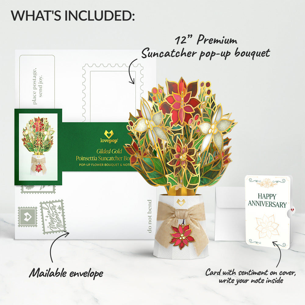 Gilded Gold Poinsettia Anniversary Suncatcher Bouquet and Sentiment Set