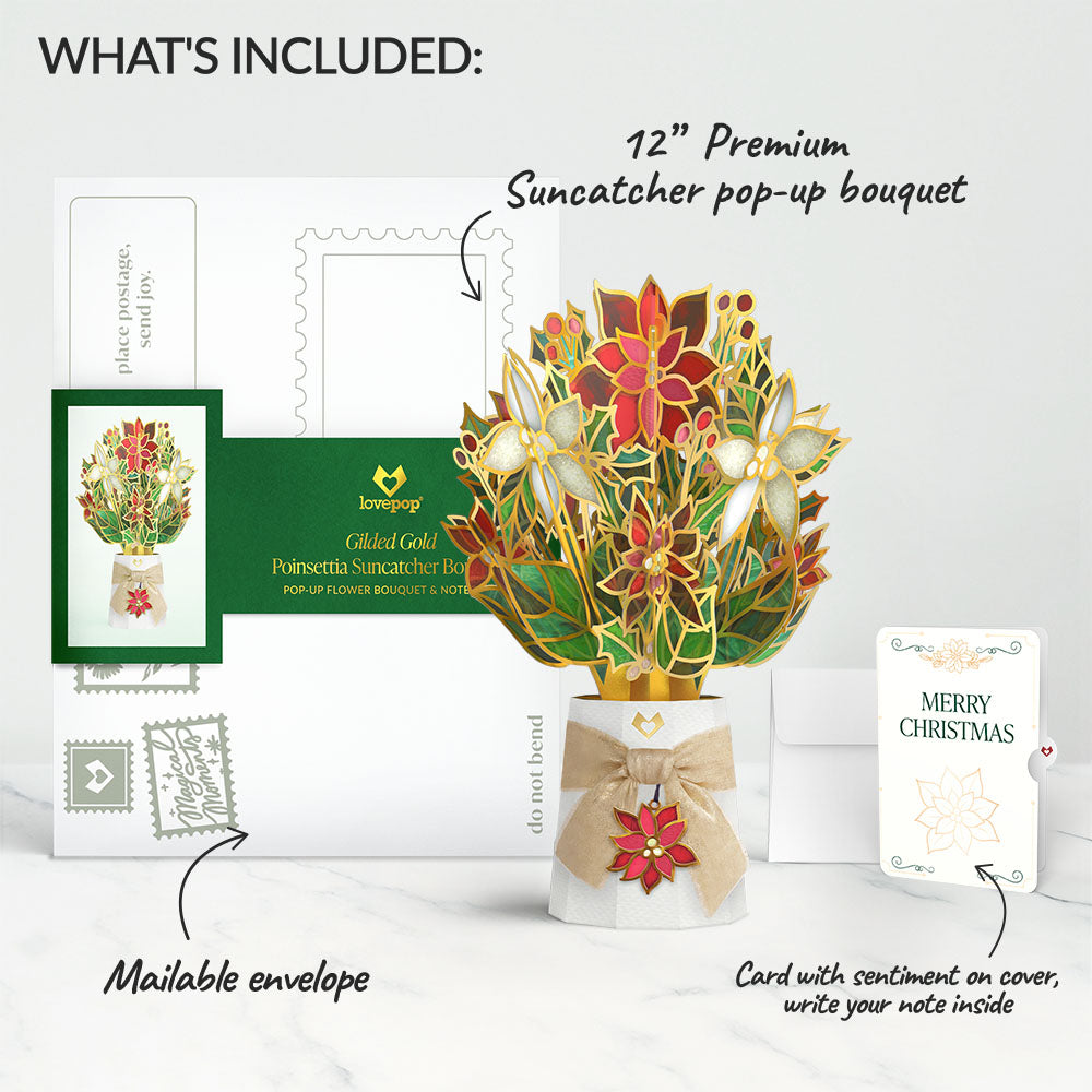 Gilded Gold Poinsettia Christmas Suncatcher Bouquet and Sentiment Set