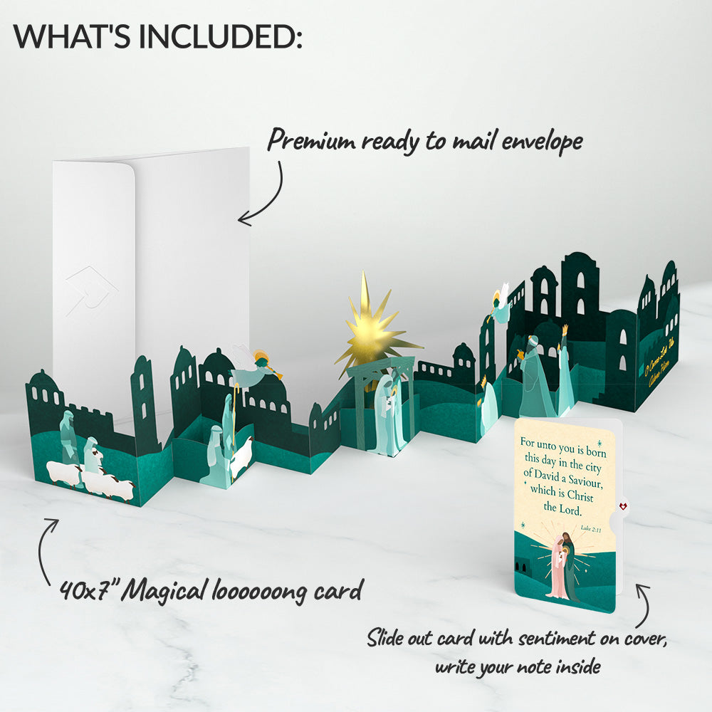 Nativity Scene Christmas Loooooong Card™ (Expands to 2 feet) and A Savior Is Born Sentiment Set