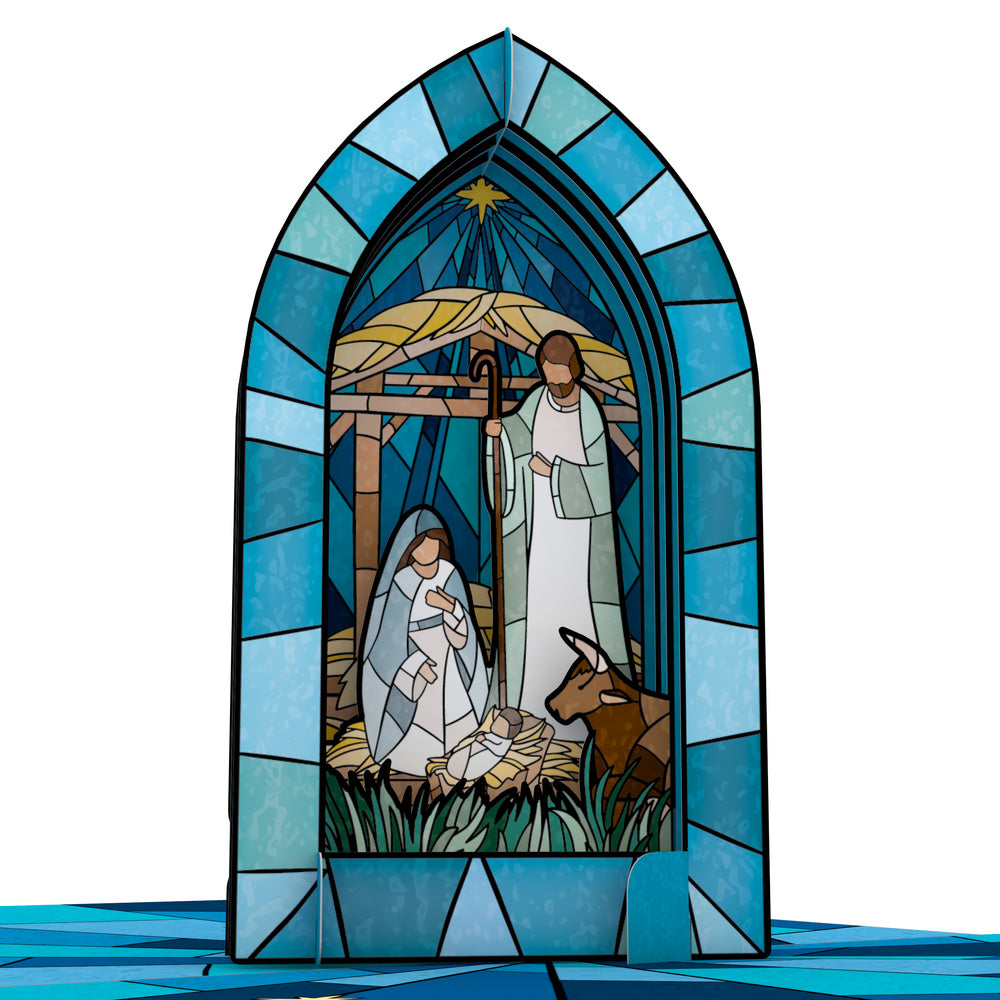 Stained Glass Nativity Window Christmas Pop-Up Card and God With Us Sentiment Set