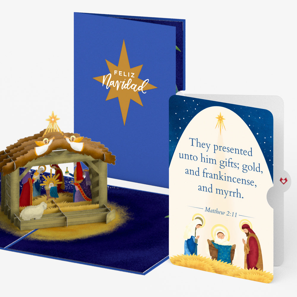 Feliz Navidad Nativity Christmas Pop-Up Card and Gold Frankincense & Myrrh Sentiment Set