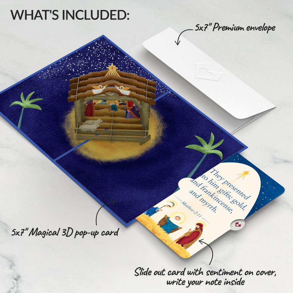 Feliz Navidad Nativity Christmas Pop-Up Card and Gold Frankincense & Myrrh Sentiment Set