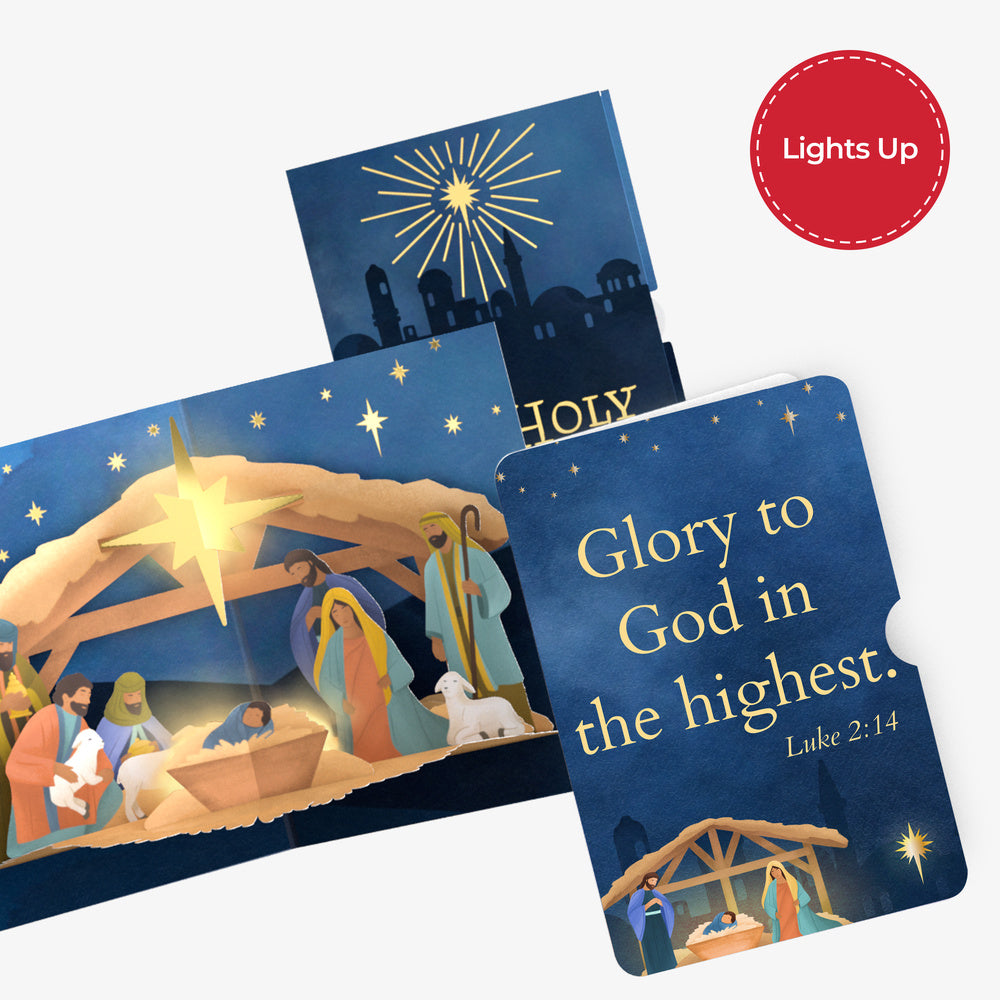 Oh Holy Night Nativity Christmas Light-Up Pop-Up Card and Glory to God Sentiment Set