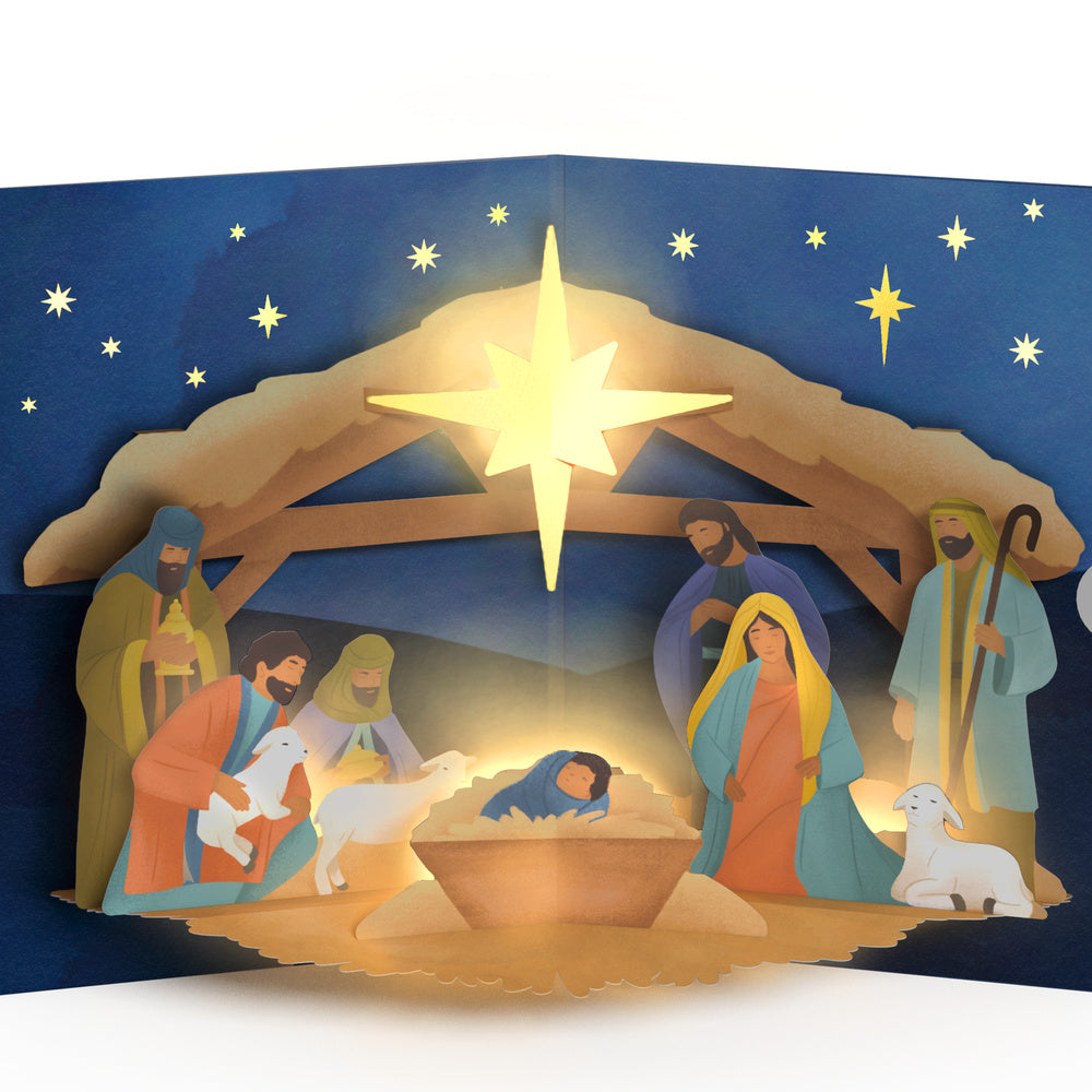Oh Holy Night Nativity Christmas Light-Up Pop-Up Card and Glory to God Sentiment Set