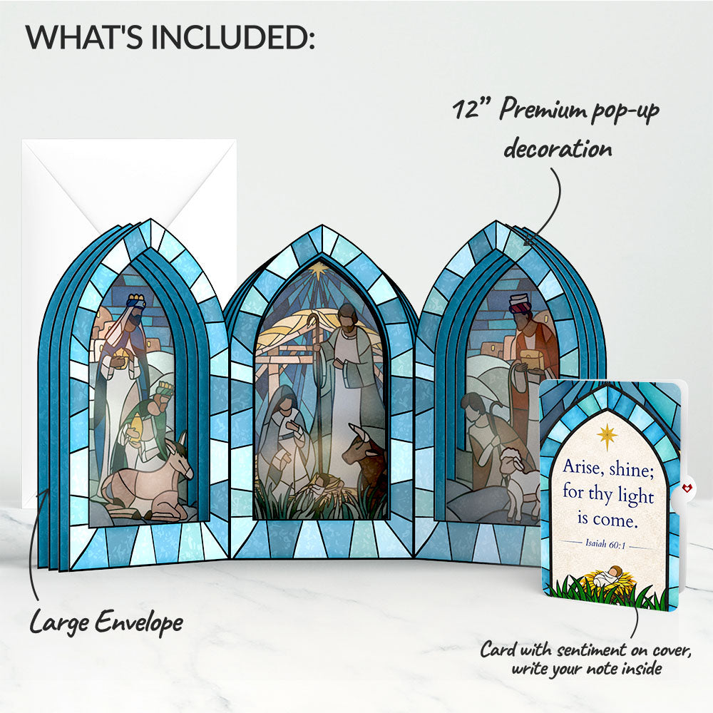 Stained Glass Nativity Windows Giant Pop-Up Gift and Arise & Shine Christmas Sentiment Set