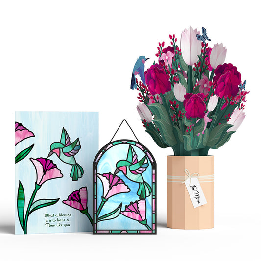 Blessing to Have a Mom Like You Hummingbird Suncatcher Card & Bouquet Bundle