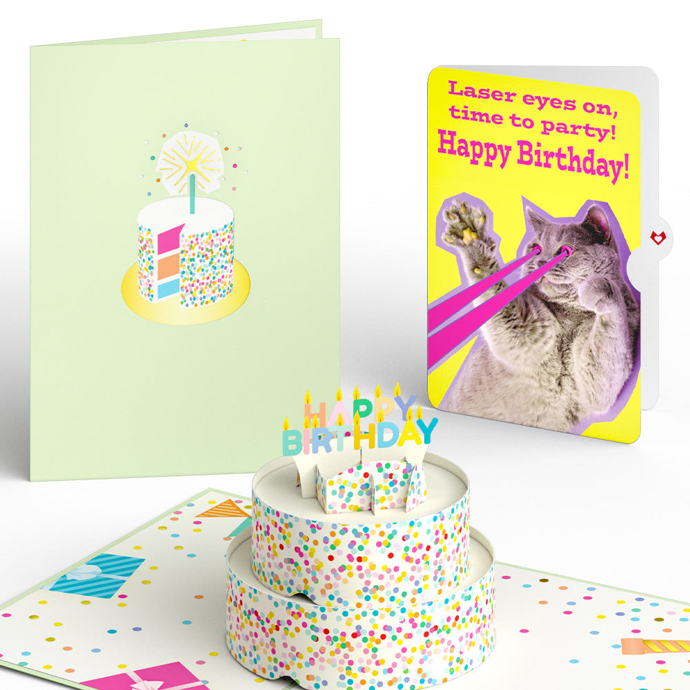 Sprinkles Birthday Cake with Cat Laser Eyes Pop-Up Card and Sentiment ...