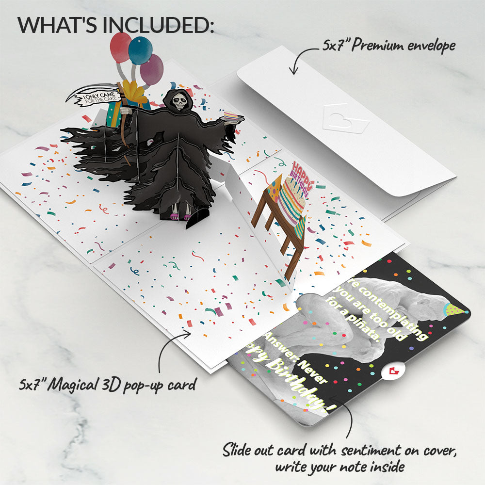Grim Reaper Dark Humor Birthday with The Thinker Pop-Up Card and Sentiment Set