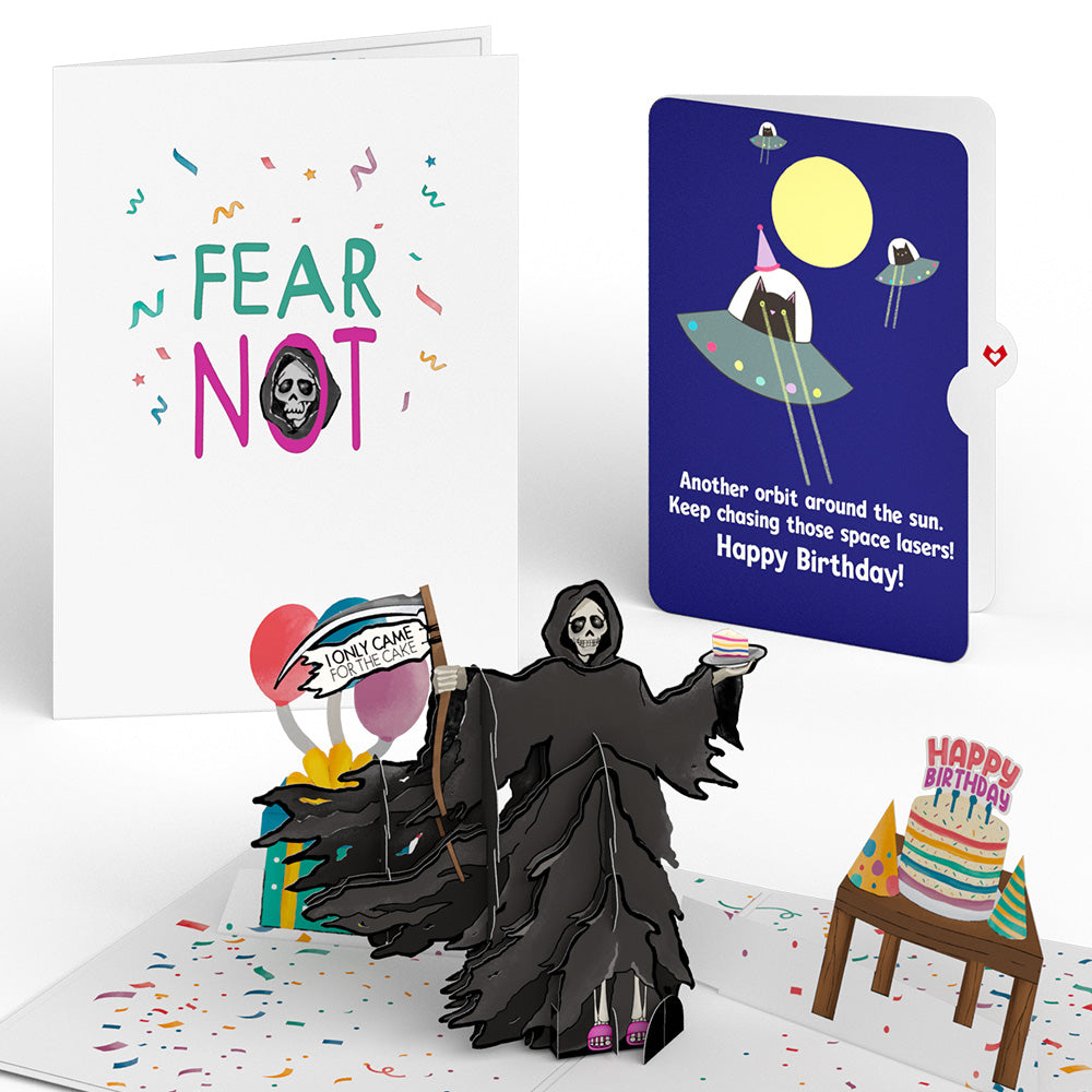 Grim Reaper Dark Humor Birthday with Space Laser Cats Pop-Up Card and Sentiment Set