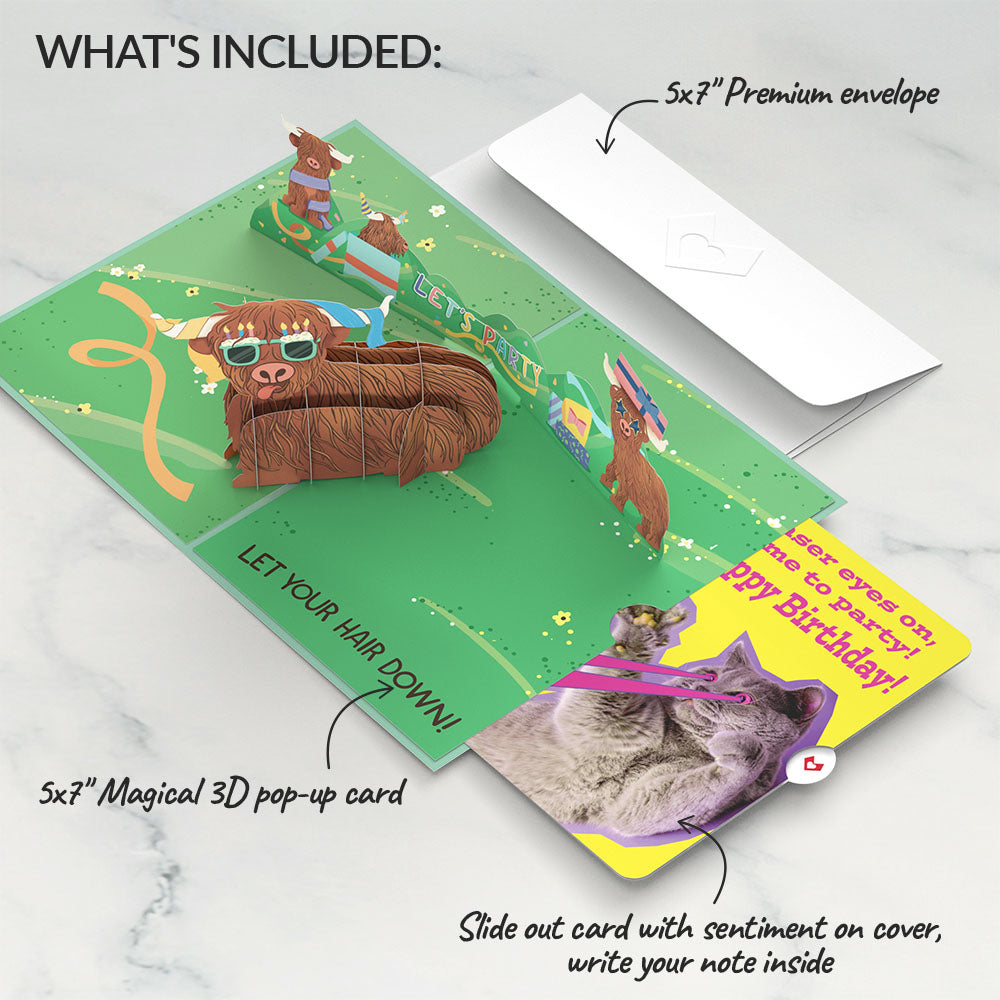 Highland Cow with Cat Laser Eyes Birthday Pop-Up Card and Sentiment Set