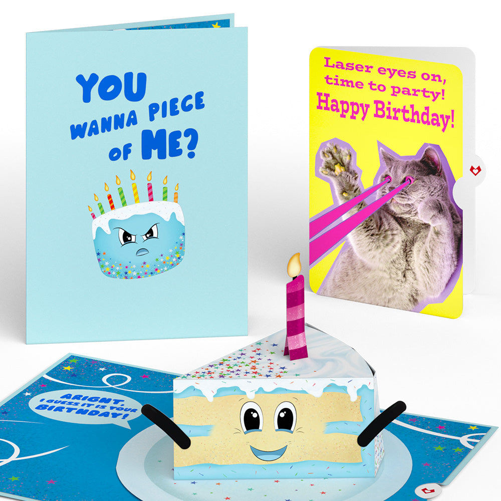 Whimsical Birthday Cake Slice with Cat Laser Eyes Pop-Up Card and Sentiment Set