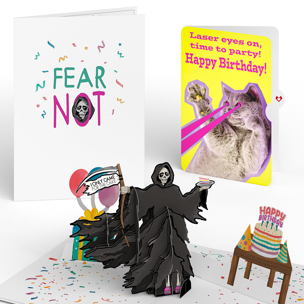 Grim Reaper Dark Humor Birthday with Cat Laser Eyes Pop-Up Card and Sentiment Set