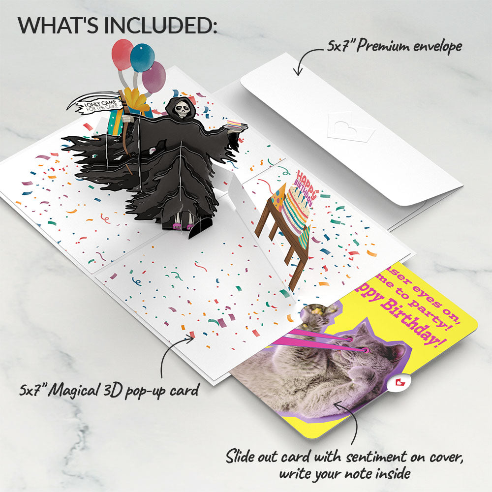 Grim Reaper Dark Humor Birthday with Cat Laser Eyes Pop-Up Card and Sentiment Set