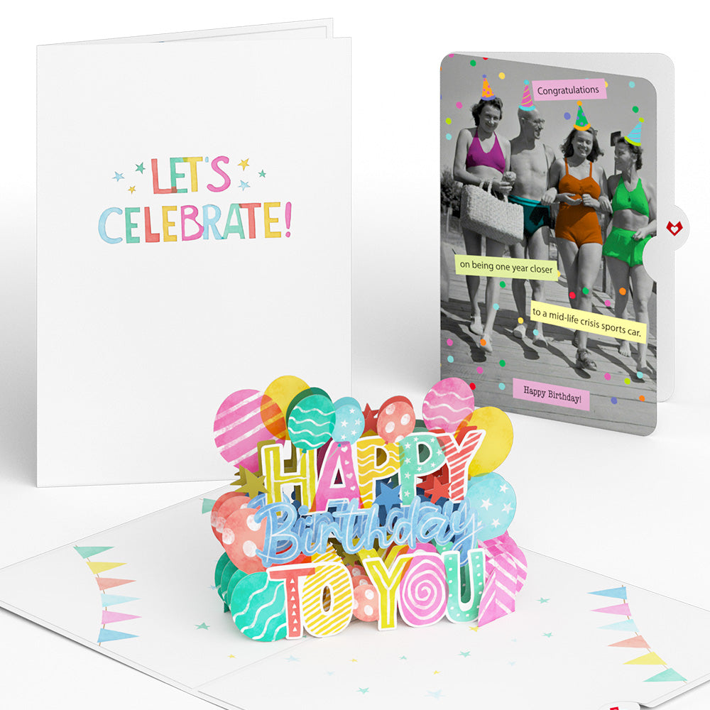 Let's Celebrate Birthday Pop-Up Card and A Mid-life Crisis Sports Car Sentiment Set