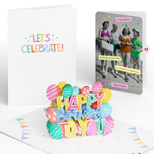 Let's Celebrate Birthday Pop-Up Card and A Mid-life Crisis Sports Car Sentiment Set