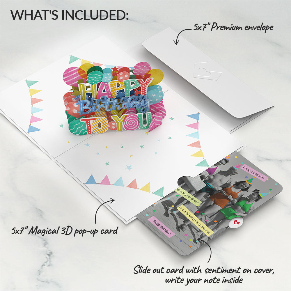 Let's Celebrate Birthday Pop-Up Card and A Mid-life Crisis Sports Car Sentiment Set