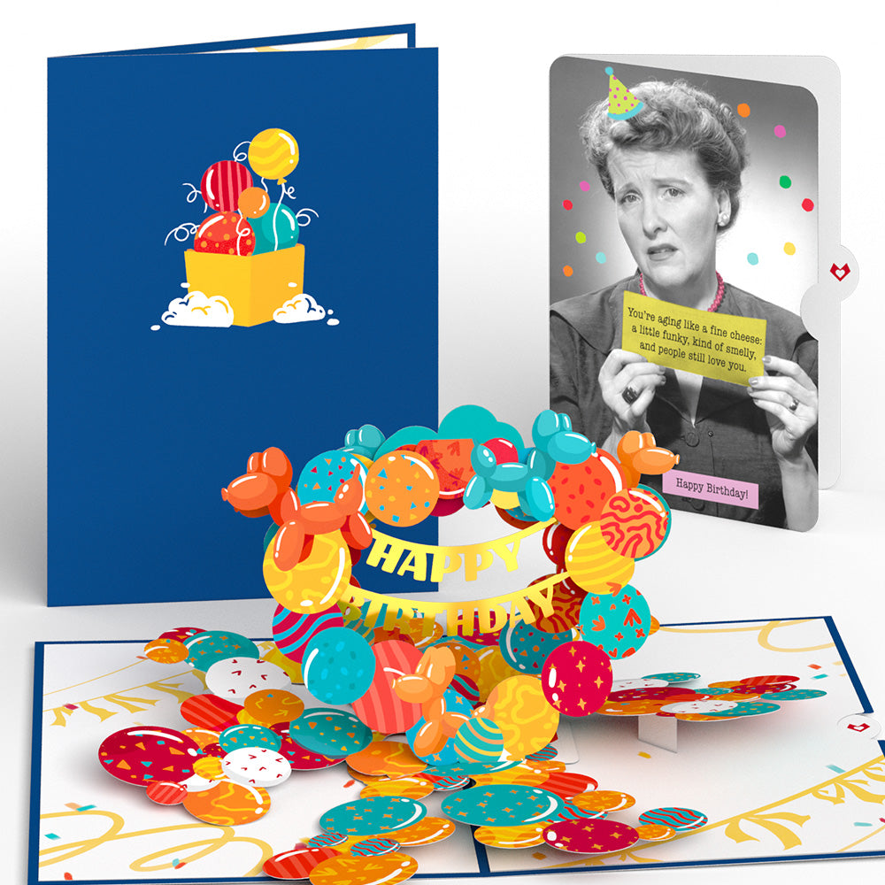 Happy Birthday Banner and Balloons Pop-Up Card and Aging Like a Fine Cheese Sentiment Set