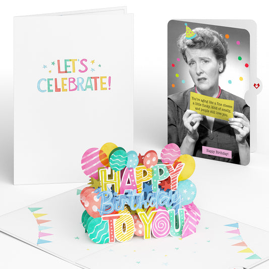Let's Celebrate Birthday Pop-Up Card and Aging Like a Fine Cheese Sentiment Set for Any Woman