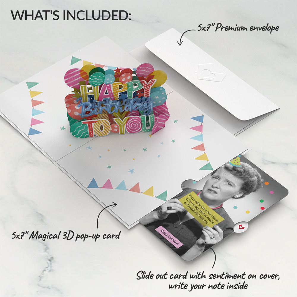 Let's Celebrate Birthday Pop-Up Card and Aging Like a Fine Cheese Sentiment Set for Any Woman