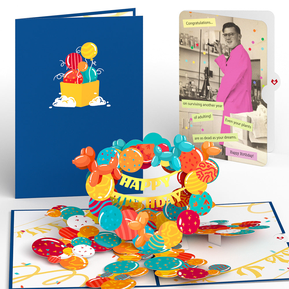 Happy Birthday Banner and Balloons Pop-Up Card and Survive Another Year of Adulting Sentiment Set