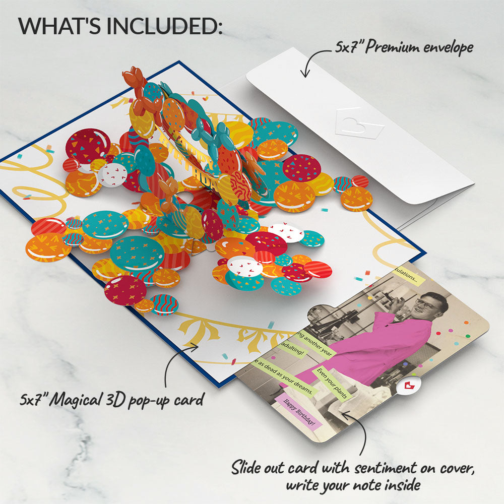 Happy Birthday Banner and Balloons Pop-Up Card and Survive Another Year of Adulting Sentiment Set