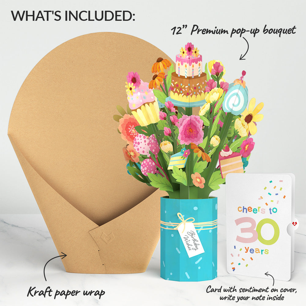 Sweet 30th Birthday Wishes Bouquet and Confetti Cake Sentiment Set