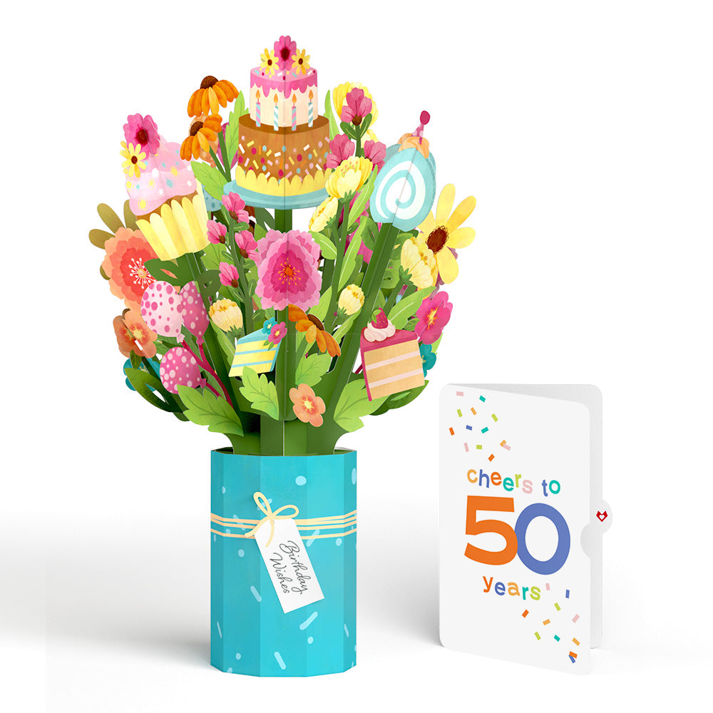 Sweet 50th Birthday Wishes Bouquet and Confetti Cake Sentiment Set