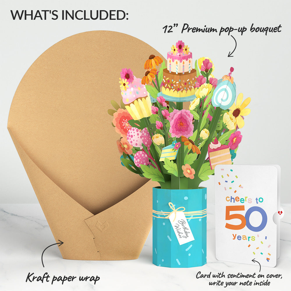 Sweet 50th Birthday Wishes Bouquet and Confetti Cake Sentiment Set