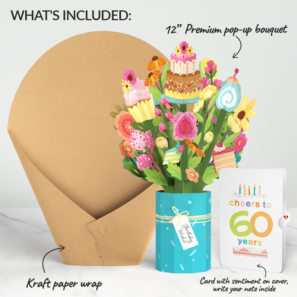 Sweet 60th Birthday Wishes Bouquet and Confetti Cake Sentiment Set