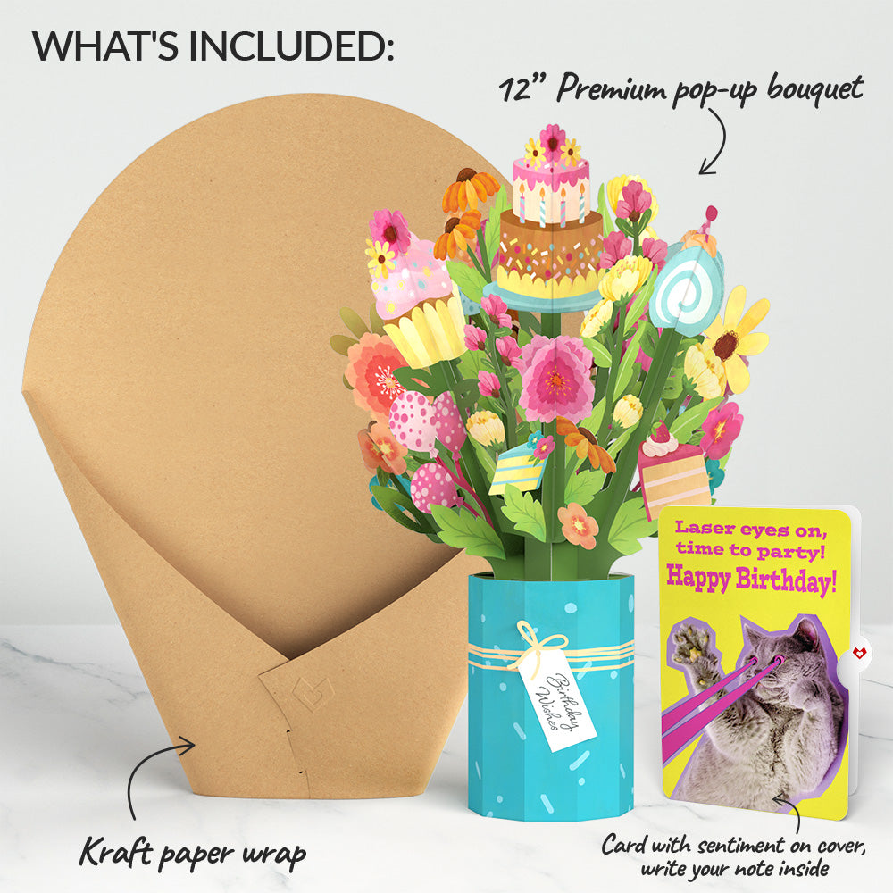 Sweet Birthday Wishes Bouquet and Cat Laser Eyes Sentiment Set