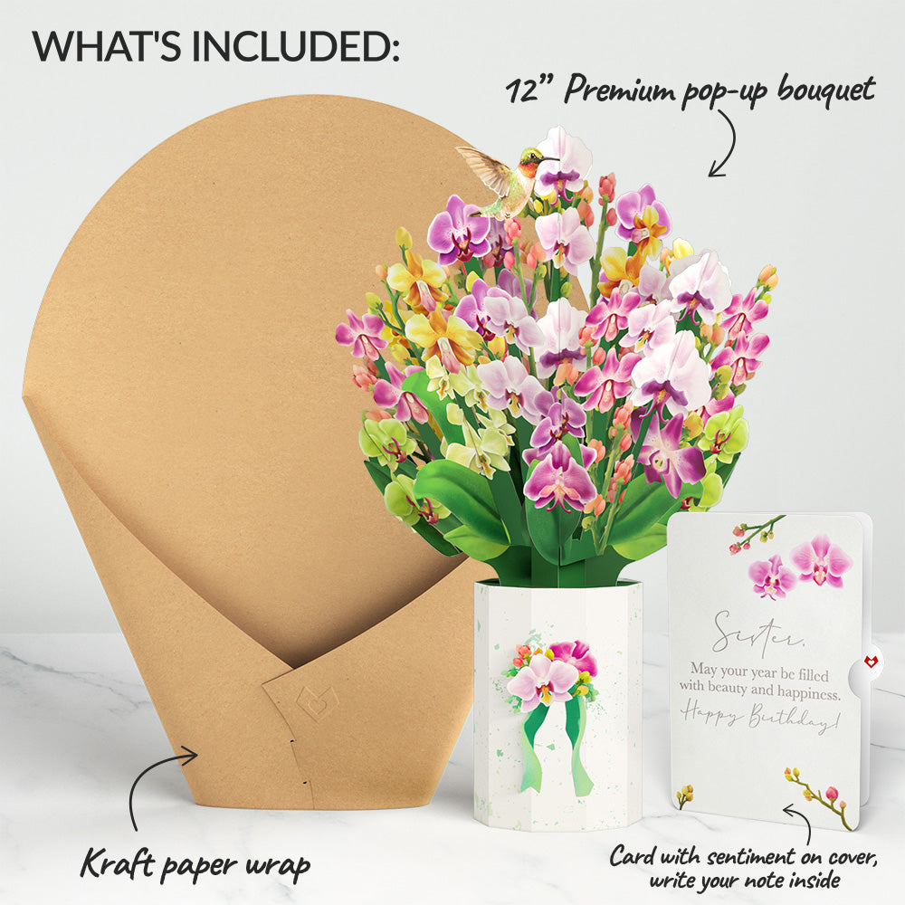 Orchid Birthday Bouquet and Sentiment Set for Sister 