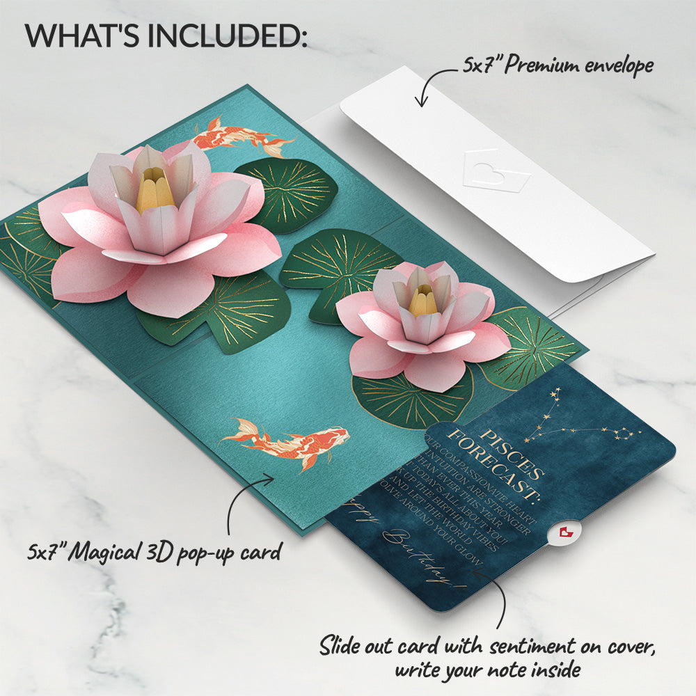 Koi Fish and Lotus Pond Birthday Pop-Up Card and Pisces Zodiac Sentiment Set