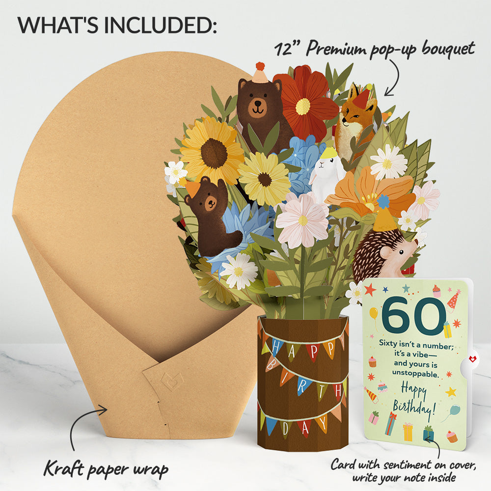 Woodland 60th Birthday Party Bouquet and Sentiment Set