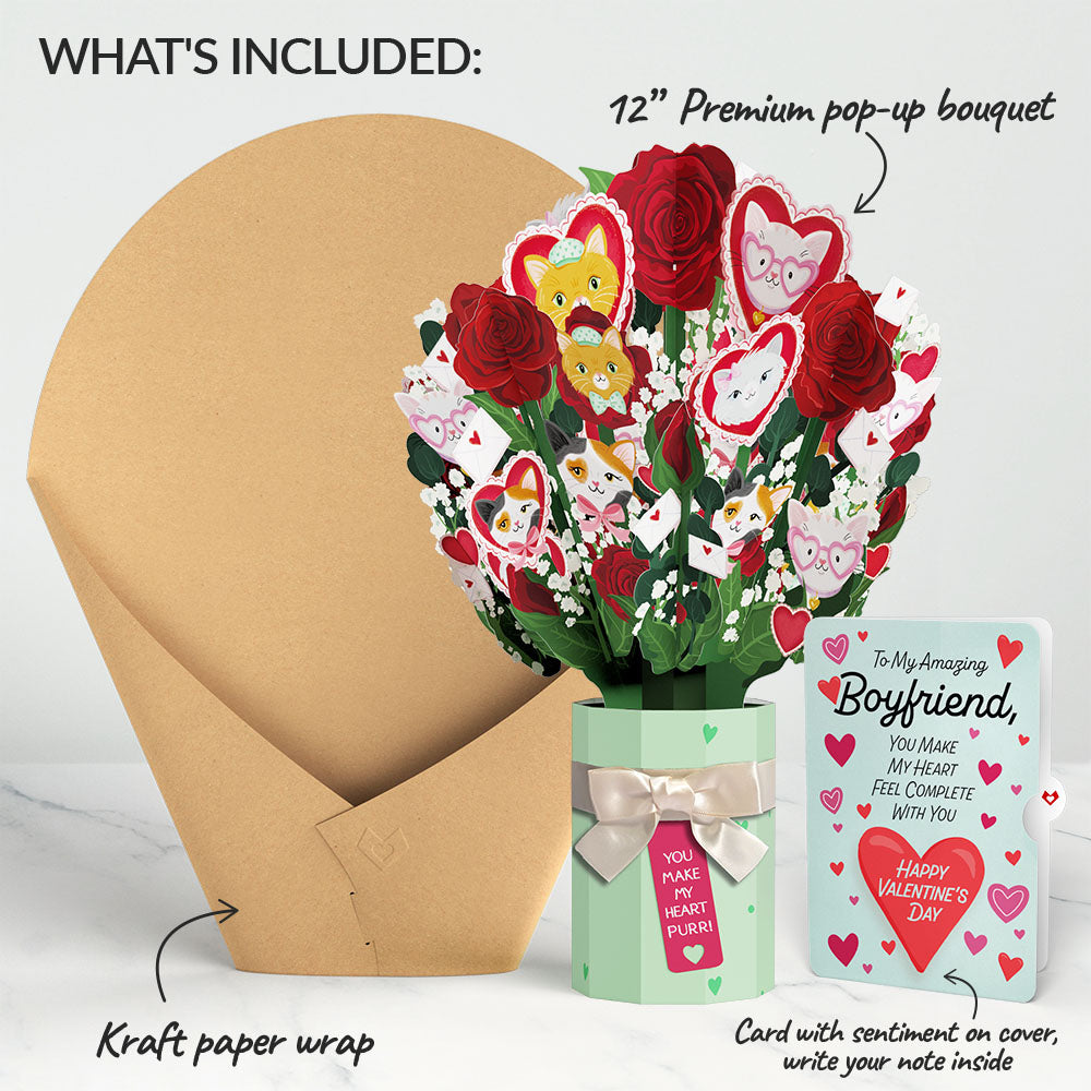 You Make My Heart Purr Cat Valentine Bouquet and Sentiment Set for Boyfriend