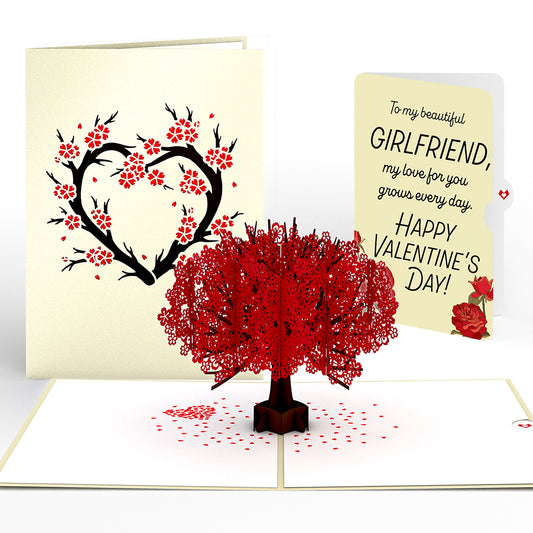 Red Sakura Tree Valentine Pop-Up Card and Sentiment Set for Girlfriend