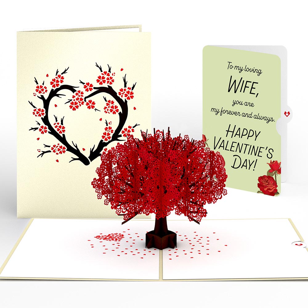 Red Sakura Tree Valentine Pop-Up Card and Sentiment Set for Wife