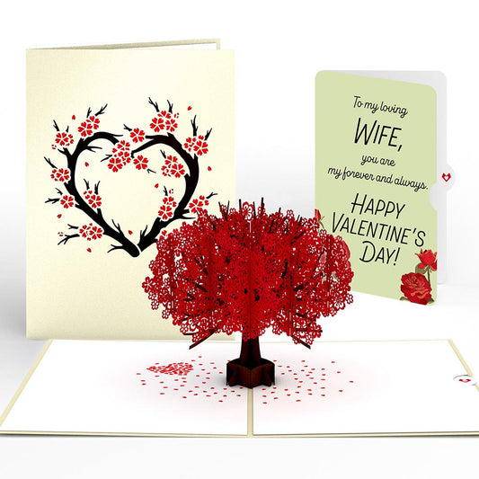 Red Sakura Tree Valentine Pop-Up Card and Sentiment Set for Wife