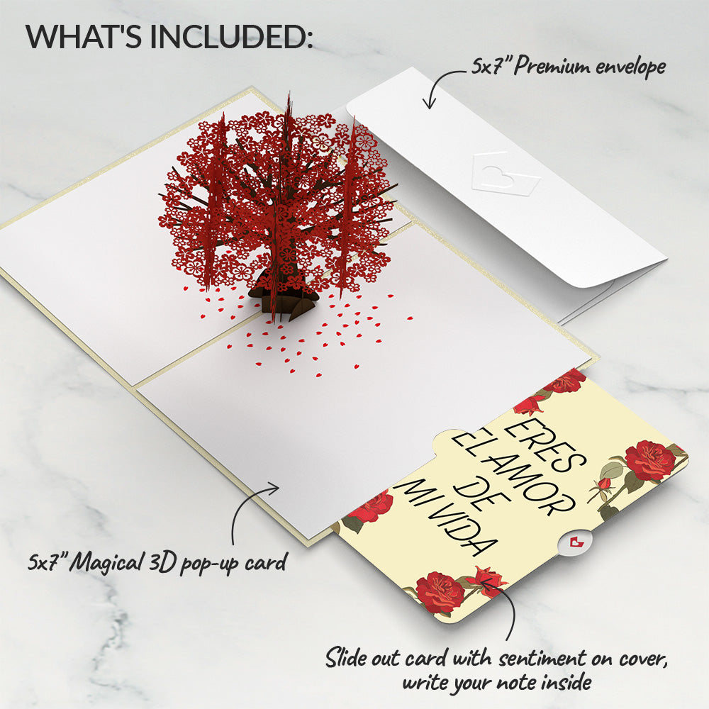 Red Sakura Tree Eres El Amor De Mi Vida Valentine Pop-Up Card and Sentiment Set
