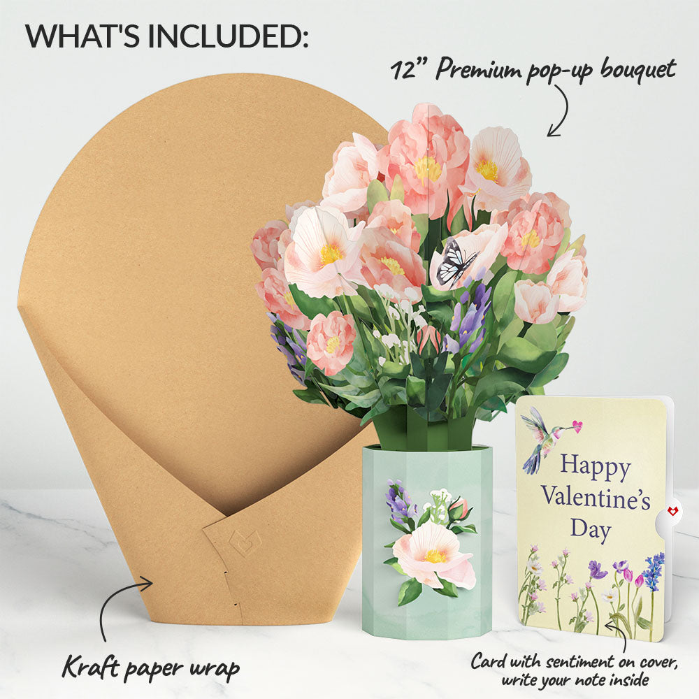Peony Hummingbird Valentine Bouquet and Sentiment Set
