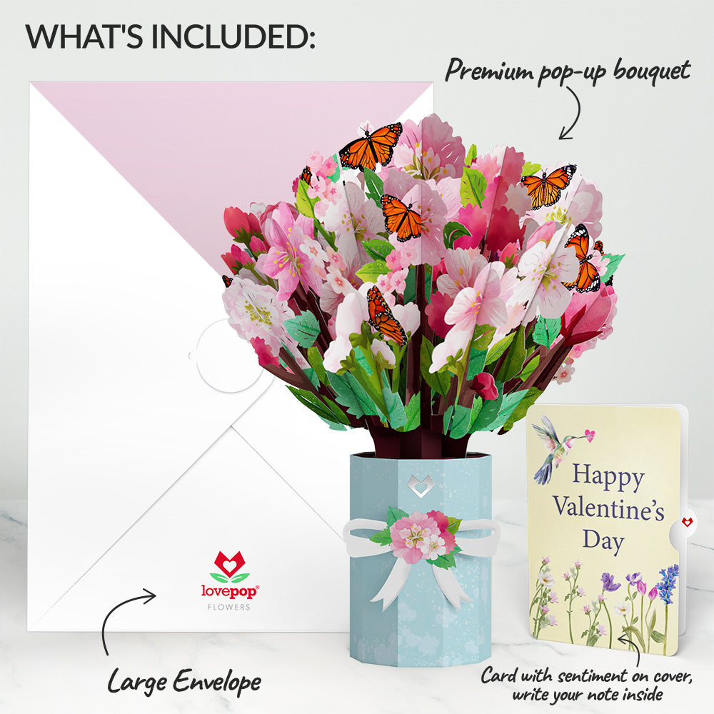 Cherry Blossom Butterfly Hummingbird Valentine Bouquet and Sentiment Set