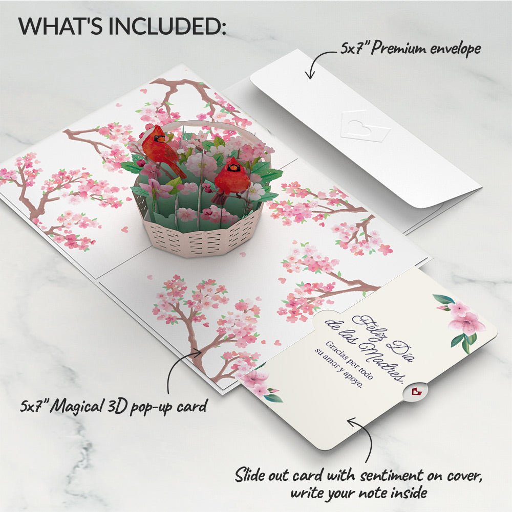 Cherry Blossom Basket with Cardinals Mother's Day Pop-Up Card and Sentiment Set for Spanish Mom