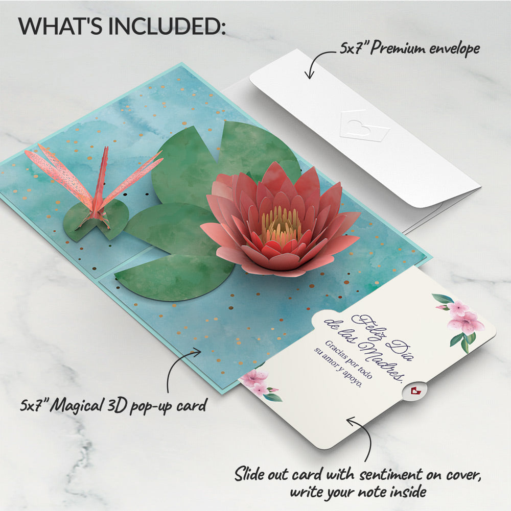 Water Lily Dragonfly Mother's Day Pop-Up Card and Sentiment Set for Spanish Mom