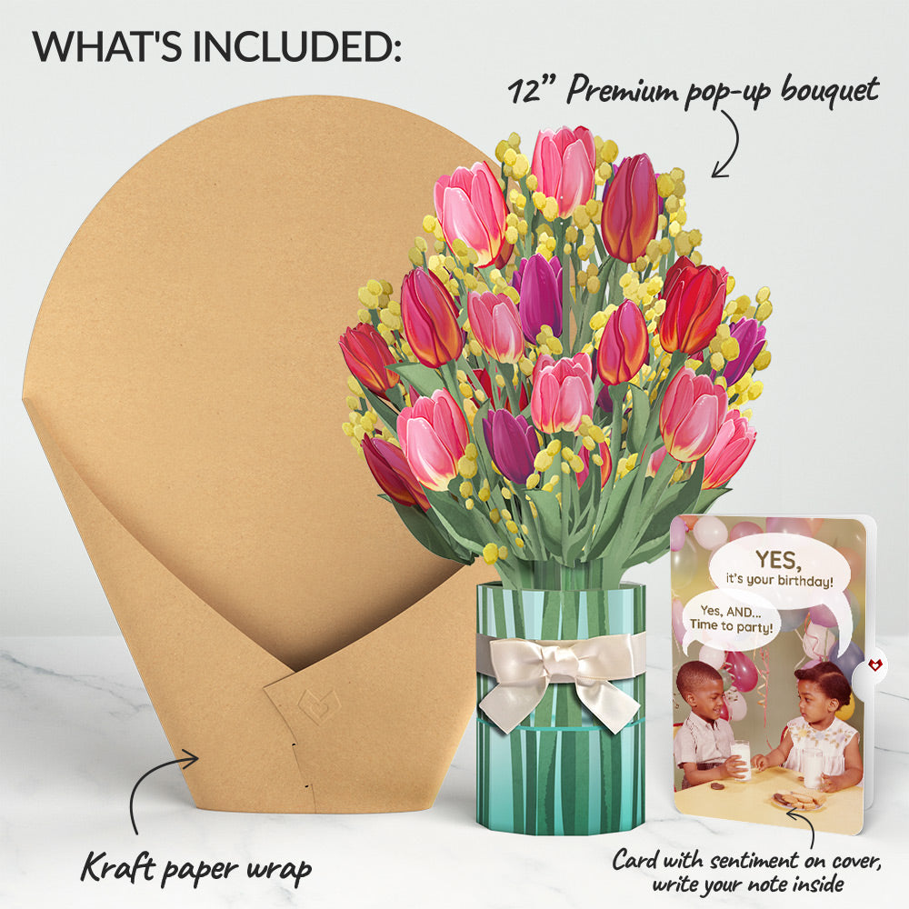 Cheerful Tulips Birthday Bouquet and Time to Party Sentiment Set