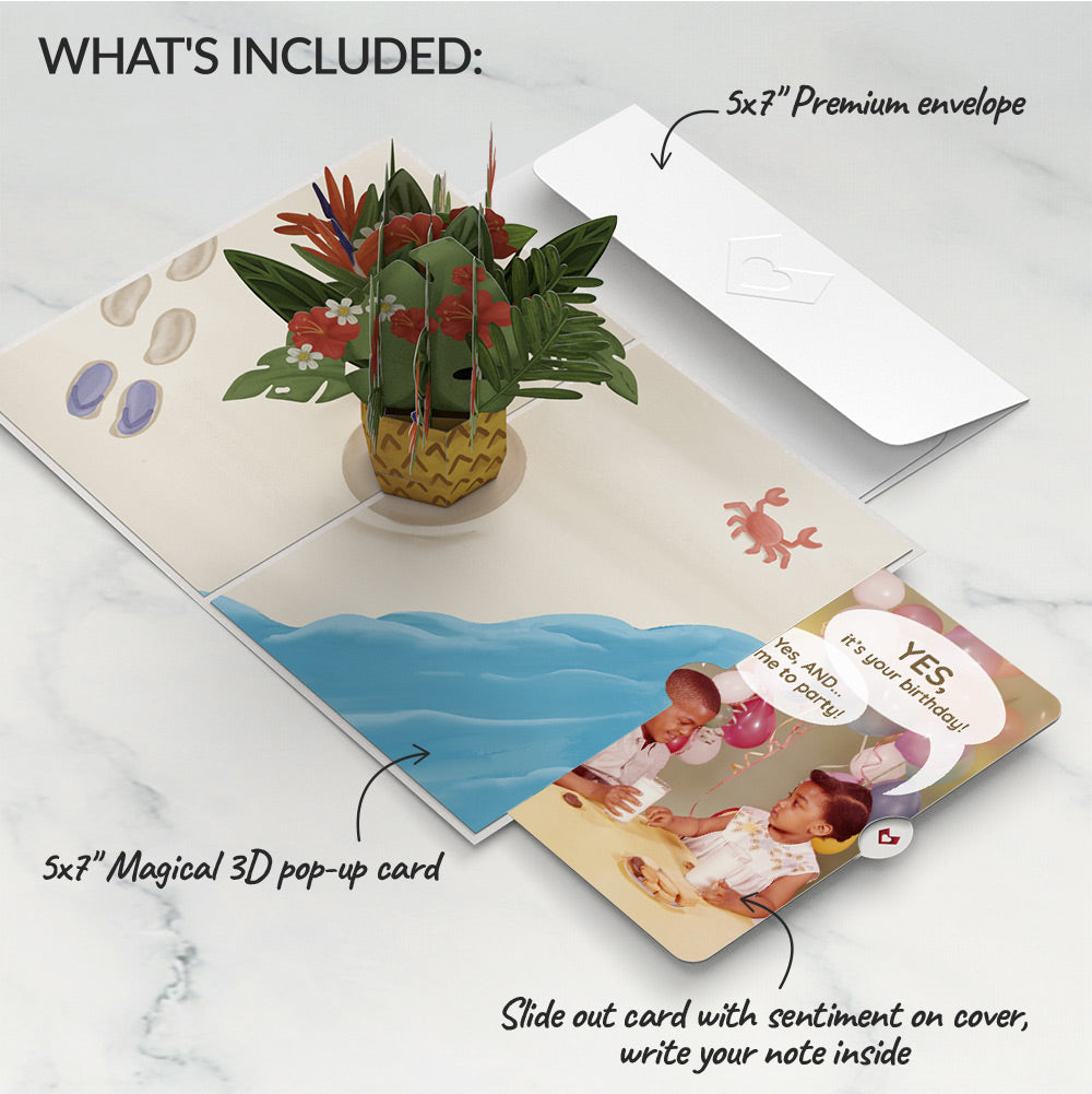 Tropical Flower Basket Birthday Pop-Up Card and Time to Party Sentiment Set