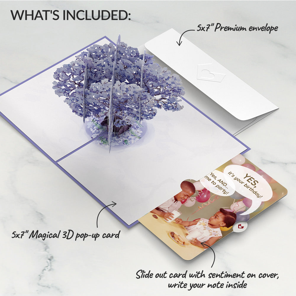 Watercolor Jacaranda Tree Birthday Pop-Up Card and Time to Party Sentiment Set