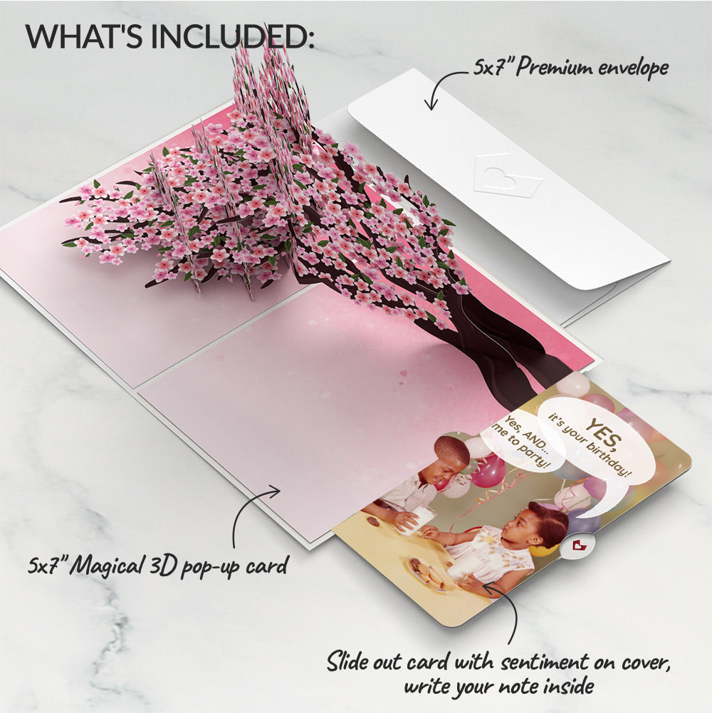 Cherry Blossom Branches in Bloom Birthday Pop-Up Card and Time to Party Sentiment Set