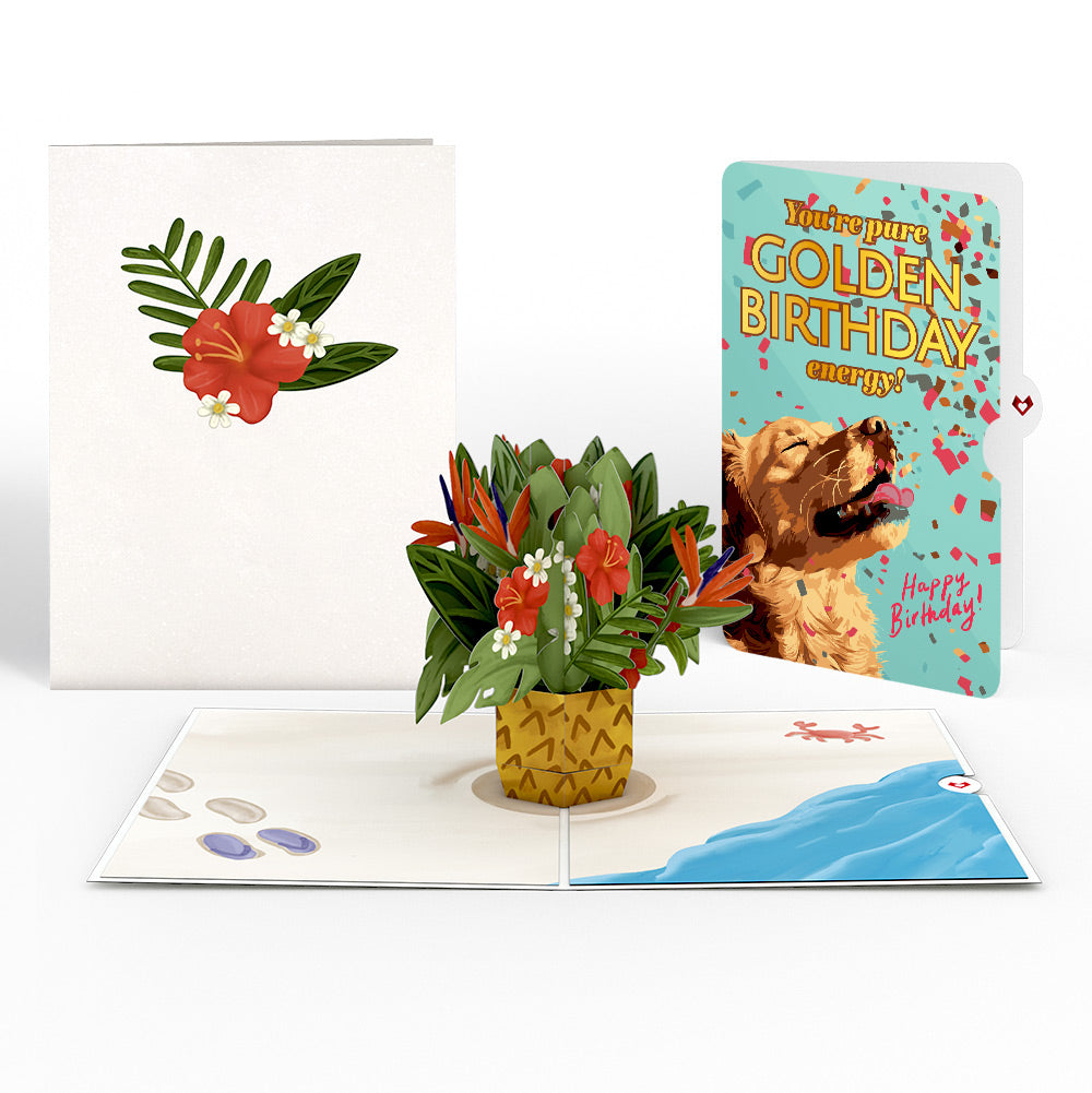 Tropical Flower Basket Birthday Pop-Up Card and Golden Energy Sentiment Set